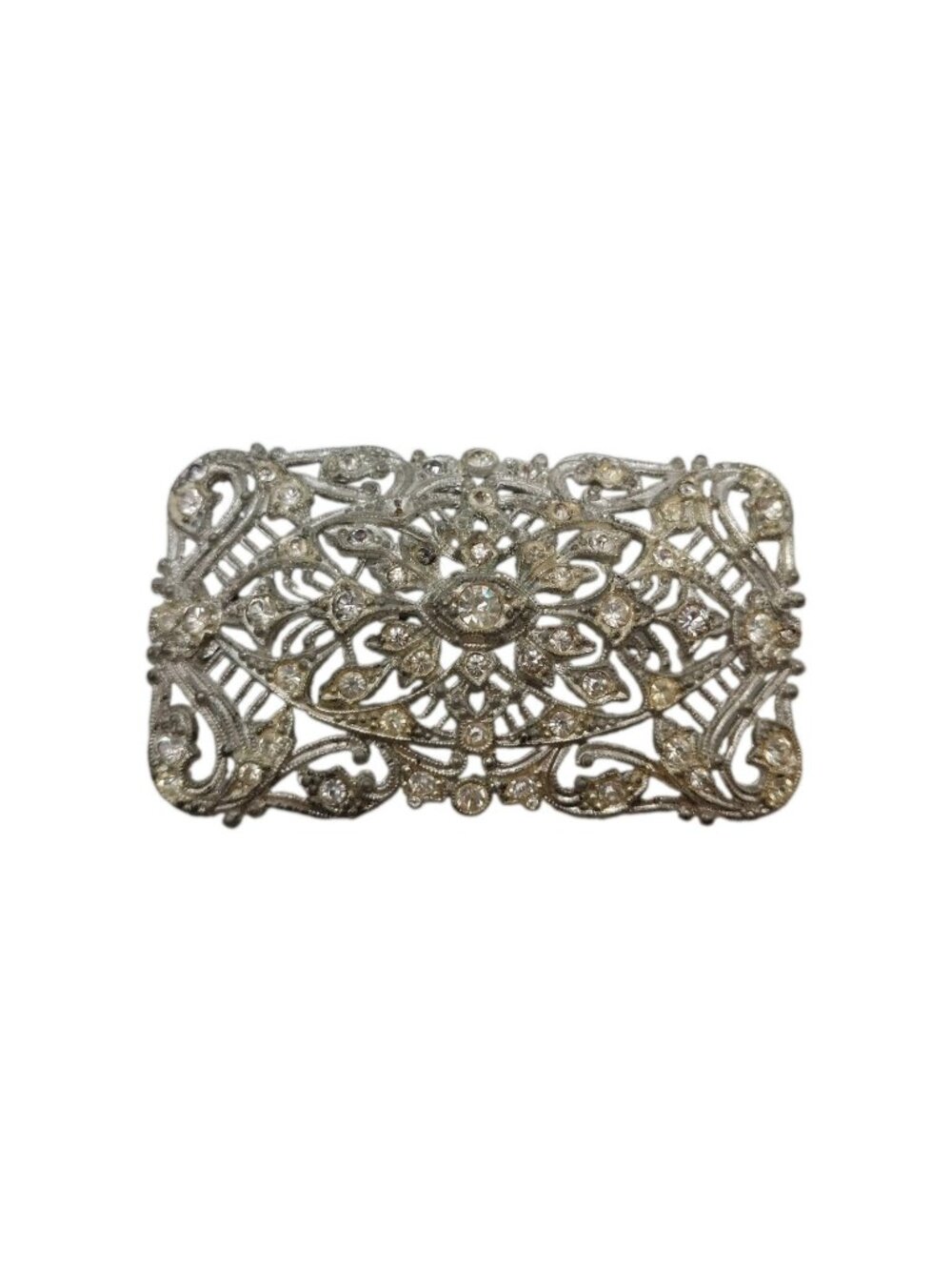 New England Glass Works Silver Rhinestone Filagree Brooch 2” Vintage Rectangle